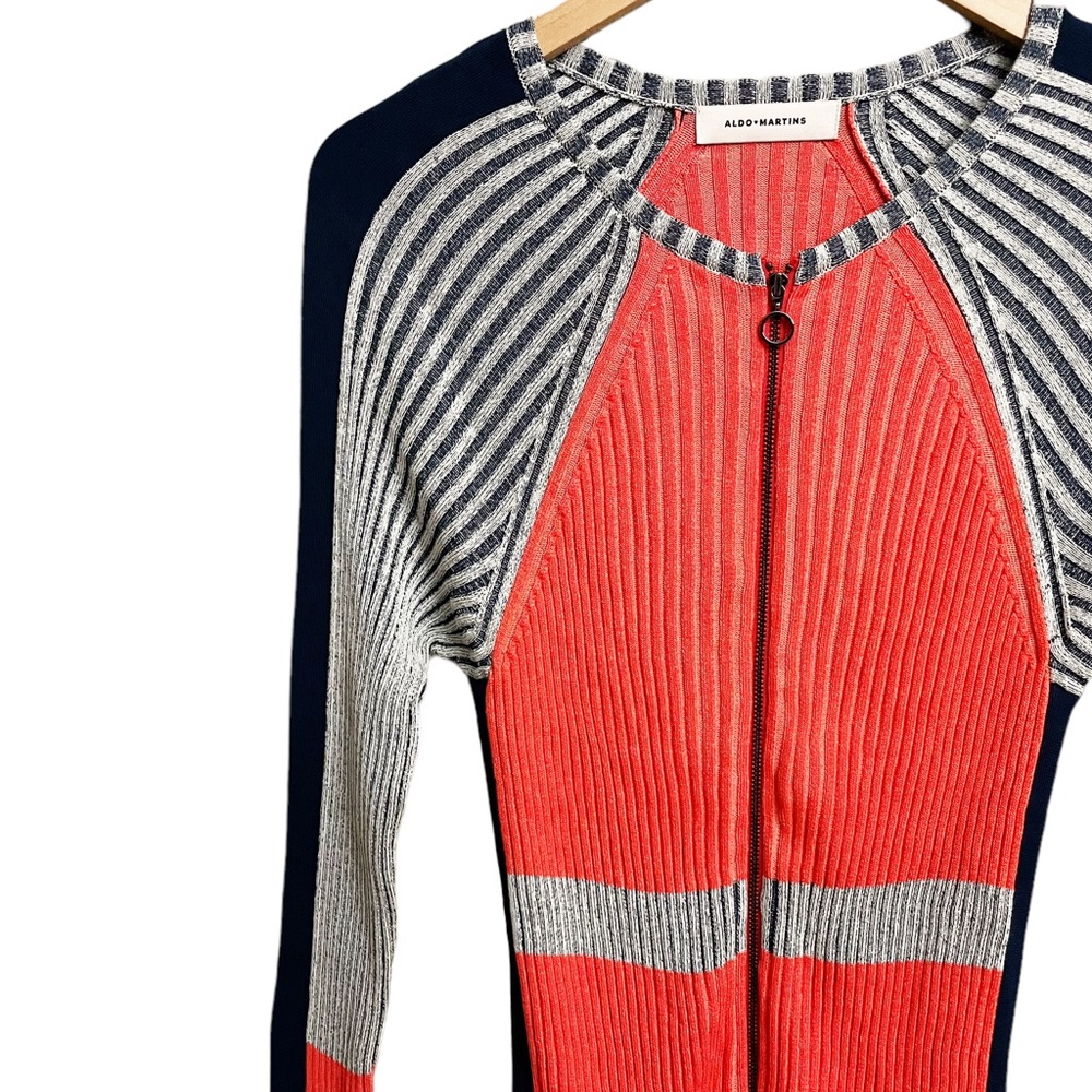 Colorblock Zip-Front Ribbed Jacket - Orange & Navy - Picture 4 of 6